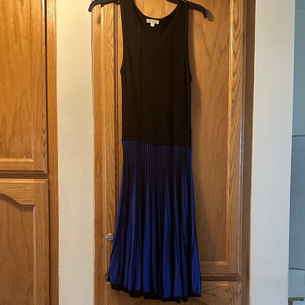 Shoshanna Black Bodice with Blue Pleated Midi Dress